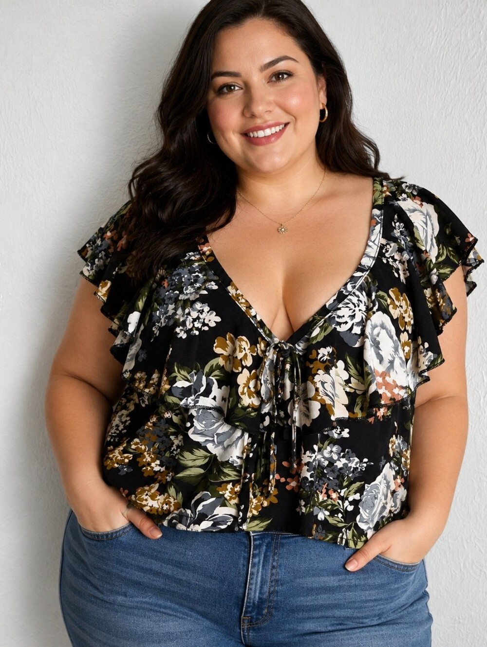 Shein Sleeveless Floral Crop Top with Ruffle Neckline - Black Multicolor Size 3X